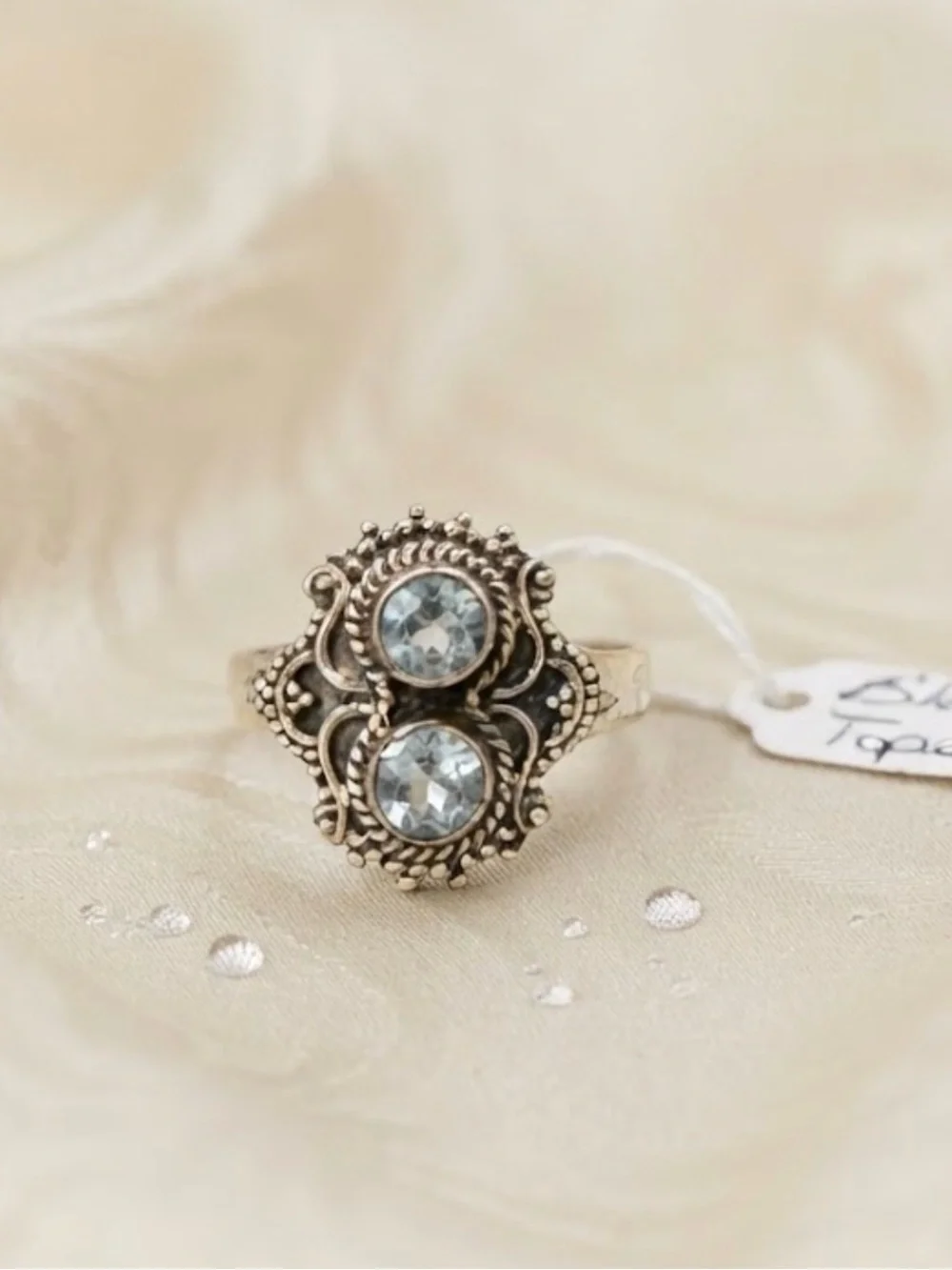 Sterling Silver Blue Topaz Ring - Boho Filigree 925